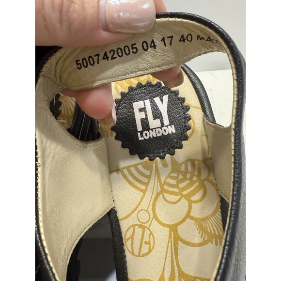 Fly London Ylfa Slingback Wedge Black Leather Lace Tie Women Sandals Sz 9 EU 40 - Picture 5 of 13
